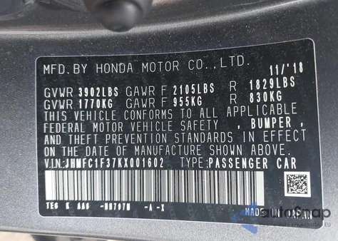 2019 Honda Civic Ex z USA, uszkodzony, nr VIN JHMFC1F37KX001602